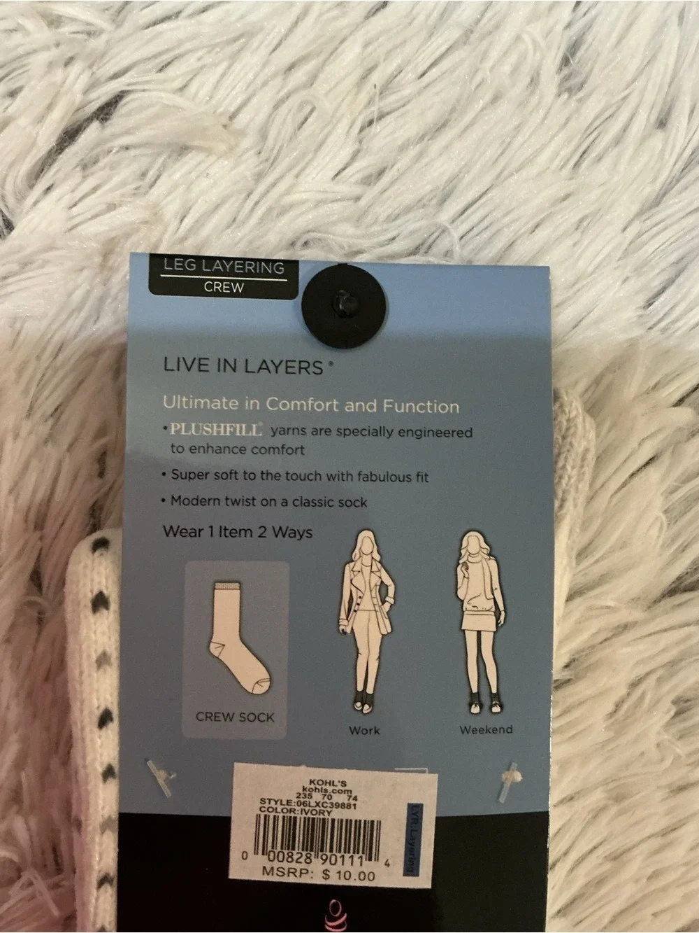 Cuddl Duds Plushfill 360 Leg Layering Crew Socks Ivory Heart Print Size 4-10